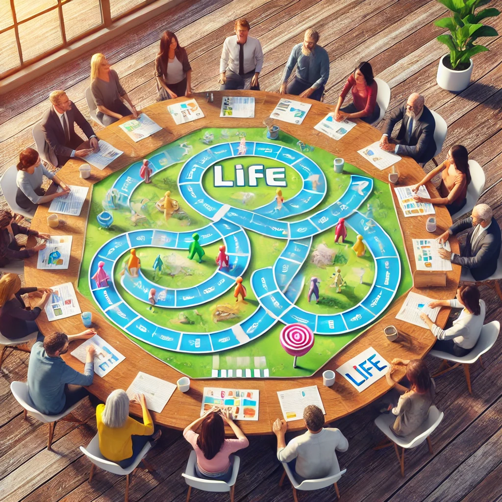 Gruppe vielfältiger Menschen spielt gemeinsam ein lebensähnliches Brettspiel an einem runden Tisch, symbolisch für die positiven Herausforderungen und Entscheidungen im Leben.