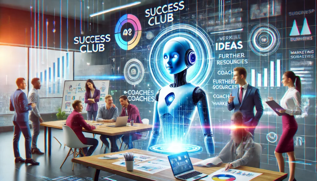 Ein Startup-Team arbeitet mit einem AI-Assistenten in einem modernen Büro, während sie Ideen brainstormen, einen Businessplan erstellen und Marketingstrategien entwickeln.