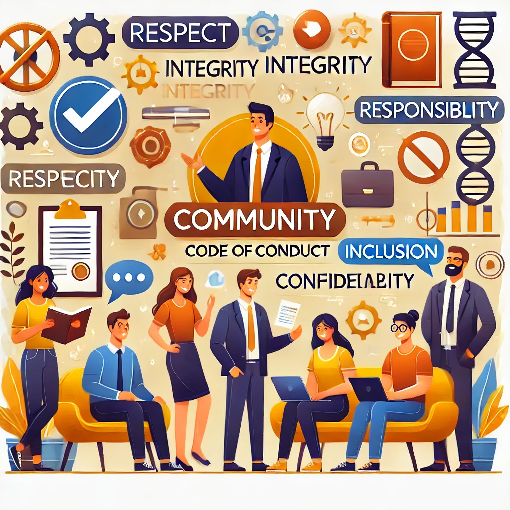 Illustration von Menschen in einer unterstützenden Community, die positive Interaktionen haben. Symbole und Icons repräsentieren Respekt, Integrität, Verantwortung, Inklusion und Vertraulichkeit. Die Illustration vermittelt eine warme und einladende Atmosphäre, die den Community-Regeln und dem Verhaltenskodex des PowerStrategy Success Clubs entspricht.