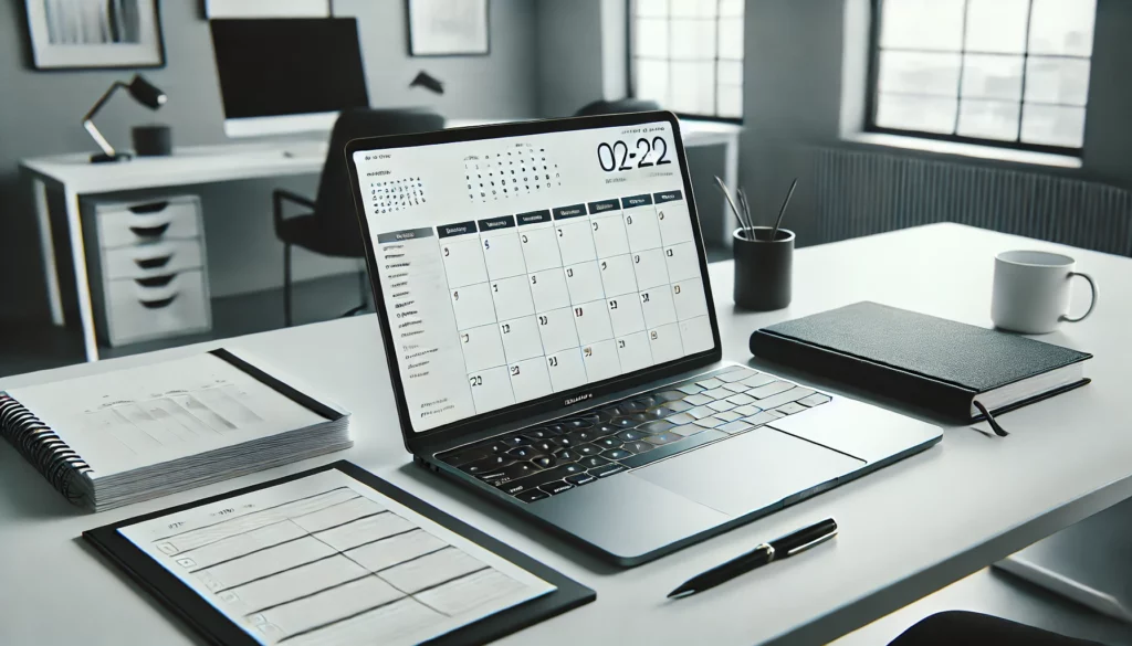 Professioneller Arbeitsplatz mit Laptop, der einen Kalender und eine Aufgabenliste zeigt, ordentliches Büro mit natürlichem Licht.