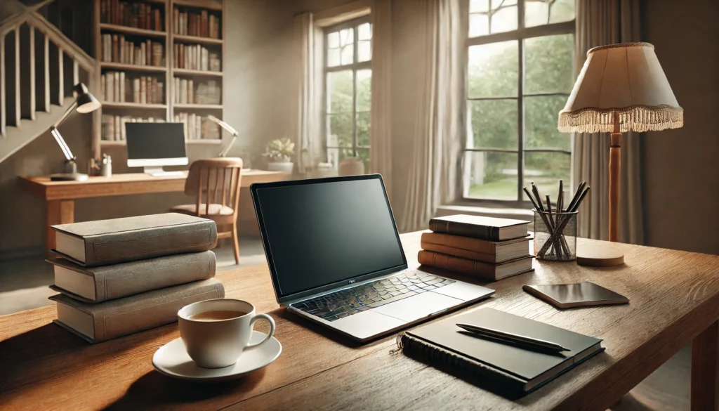 Moderner Heimarbeitsplatz mit offenem Laptop, umgeben von Büchern und einem Notizblock, neben einem Fenster mit Blick auf einen Garten.
