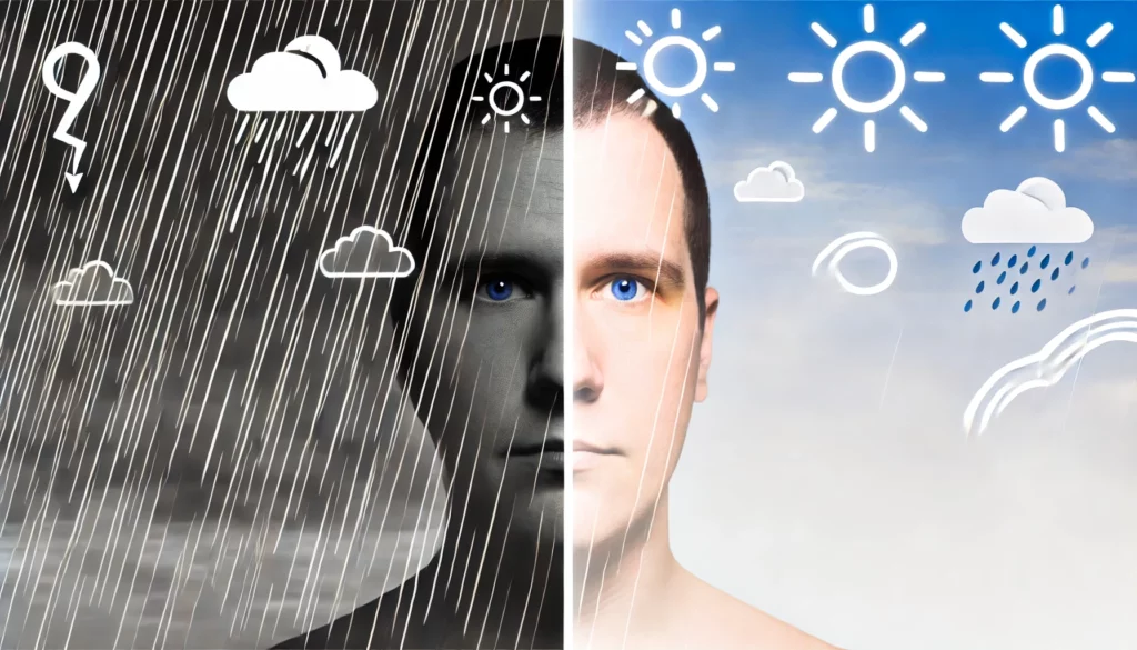 Person im Zentrum mit negativem und dunklem Bereich links und hellem, positiven Bereich rechts, Darstellung des Übergangs von negativen zu positiven Gedanken