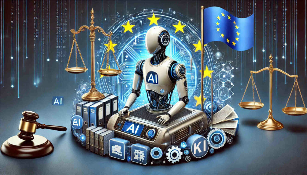 Symbolische Darstellung der Regulierung von Künstlicher Intelligenz durch den AI Act, mit einer modernen KI-Maschine und EU-Flagge.